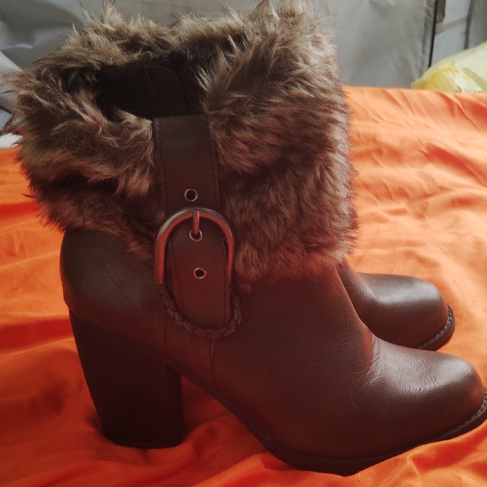 Sugar Brown Heeled Boots with Faux Fur